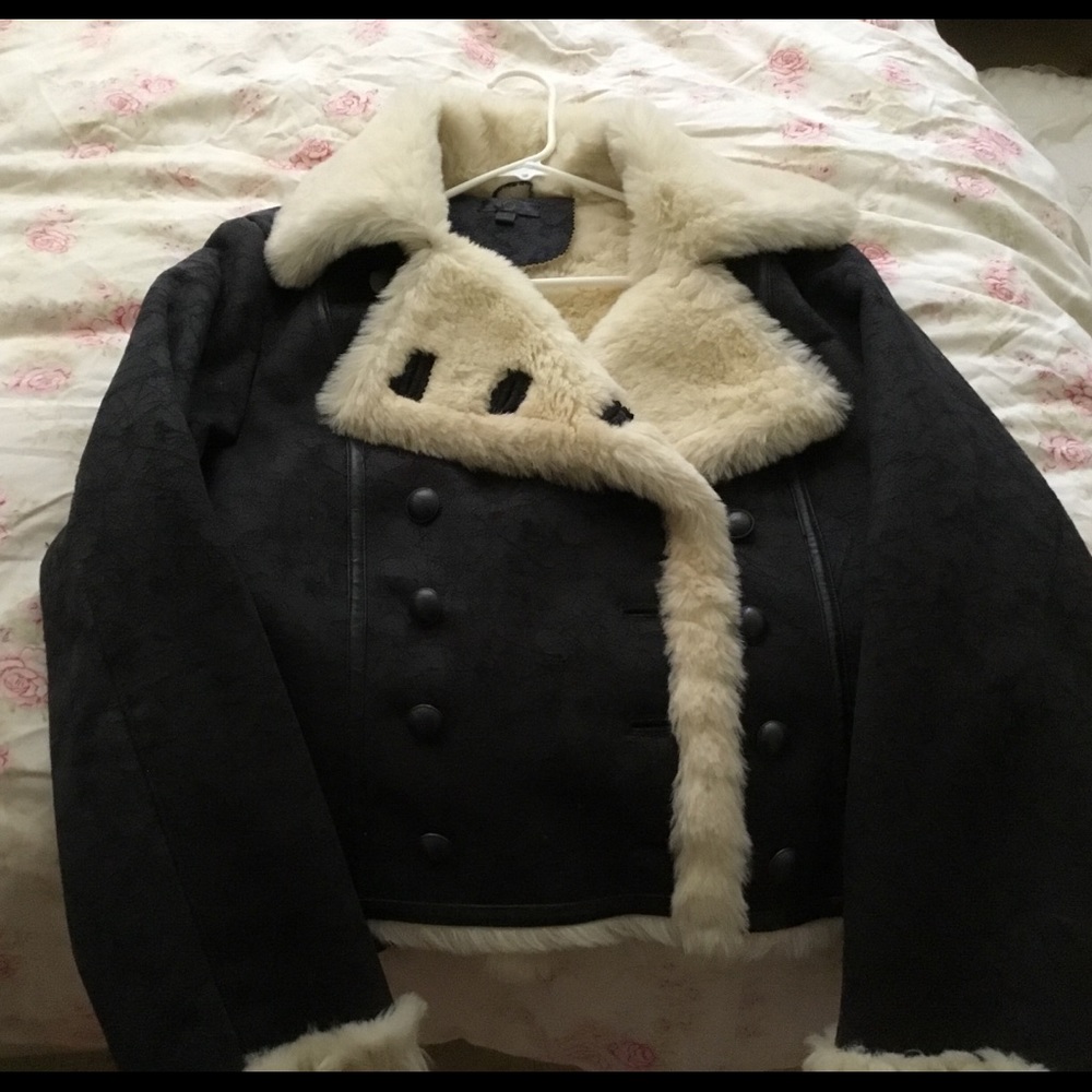 Black suede shearling jacket with faux fur lining